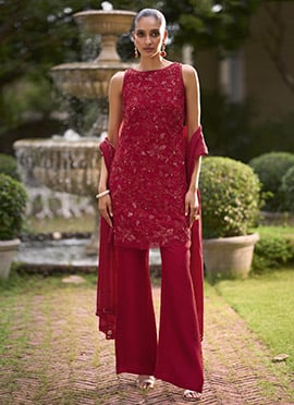 Dark Ruby Red Georgette Cutdana Embroidered Sequins Palazzo Suit