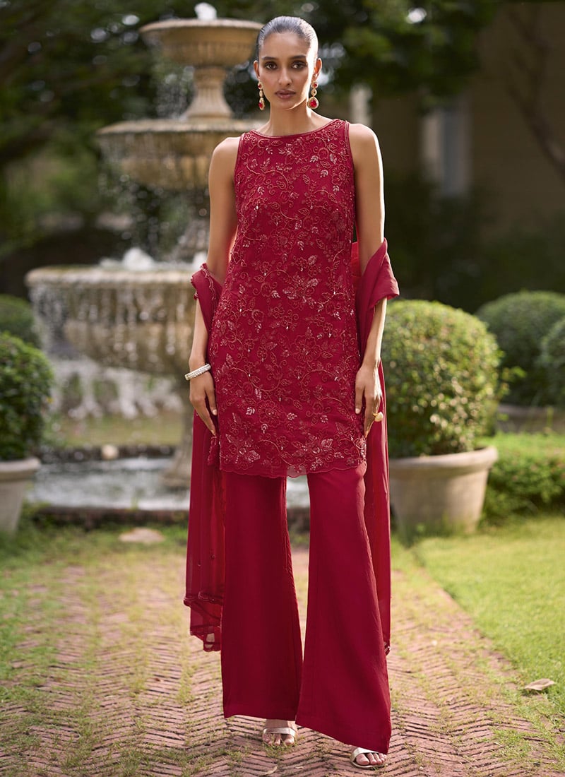 Dark Ruby Red Georgette Cutdana Embroidered Sequins Palazzo Suit Festive Wear