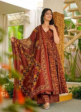 Dark Rust Muslin Digital Print Anarkali Suit