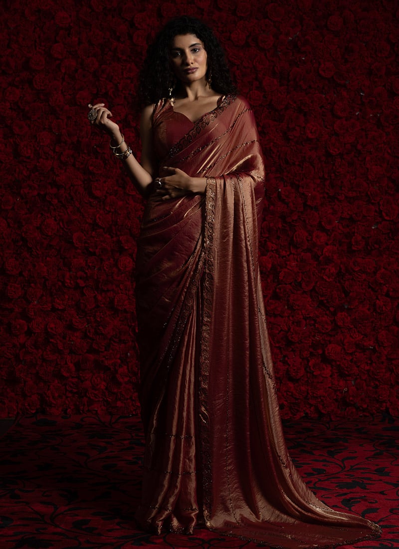 Dark Rust Satin Silk Hand Embroidered Zarkan Stone Saree Festive Wear