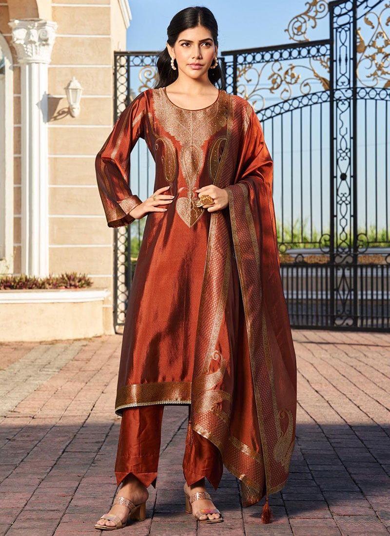 Dark Rust Silk Jacquard Straight Pant Suit Festive Wear