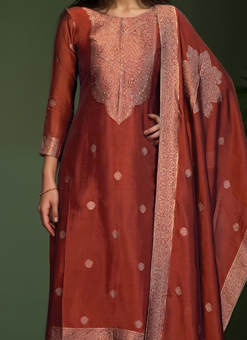Shop Dark Rust Silk Jacquard Woven Straight Pant Suit Festive Wear ...