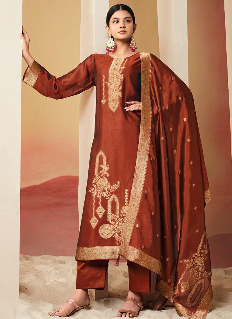 Dark Rust Silk Jacquard Woven Straight Pant Suit