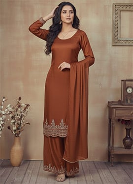 Dark Rust Silk Zari Sequins  Palazzo Suit