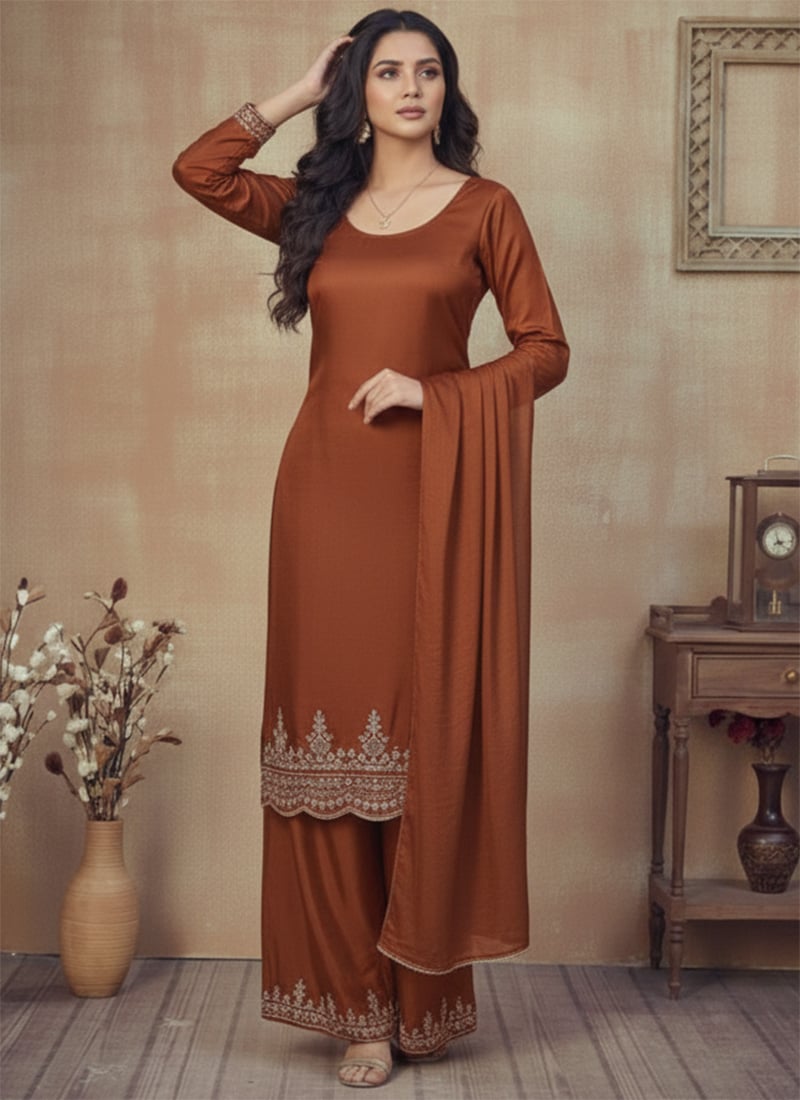 Dark Rust Silk Zari Sequins  Palazzo Suit Festive Wear