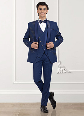 Dark Sapphire Blue Rayon Beads Hand Embroidered Suit