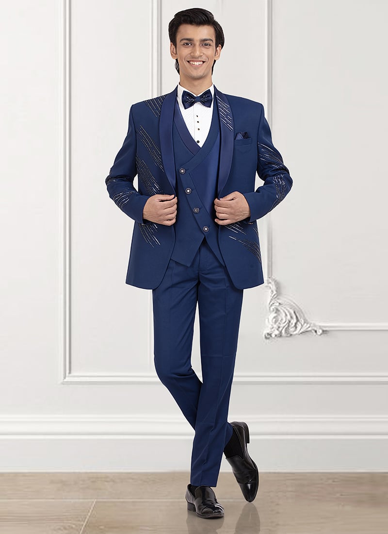 Dark Sapphire Blue Rayon Beads Hand Embroidered Suit Wedding Wear