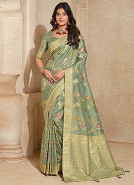 Dark Sea Green Jacquard Silk With Zari Woven Saree