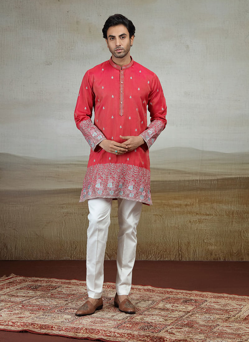 Dark Shiny Pink Silk Embroidered Kurta Pyjama Festive Wear