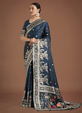 Dark Teal Banarasi Silk Zari Woven Saree