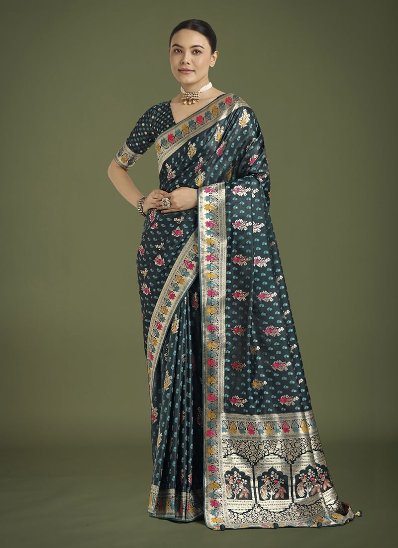 Dark Teal Banarasi Silk Zari Woven Saree Festive Wear