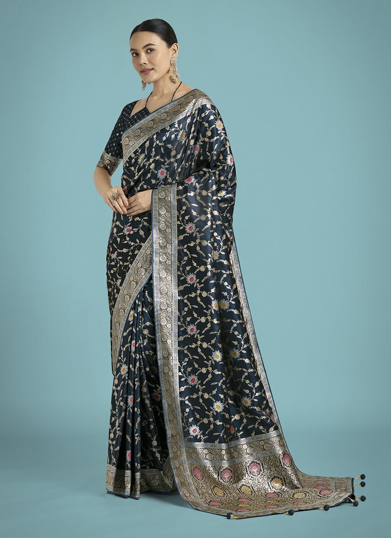 Dark Teal Banarasi Silk Zari Woven Saree Festive Wear
