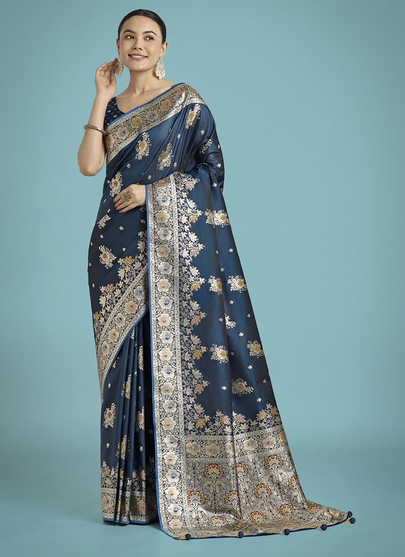 Dark Teal Banarasi Silk Zari Woven Saree Festive Wear