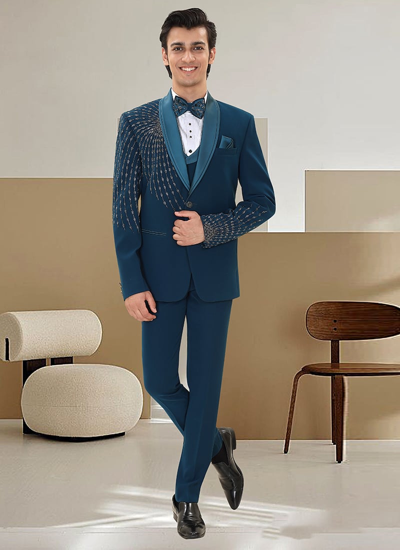 Dark Teal Blue Armani Satin Silk Hand Embroidered Wedding Suit Wedding Wear