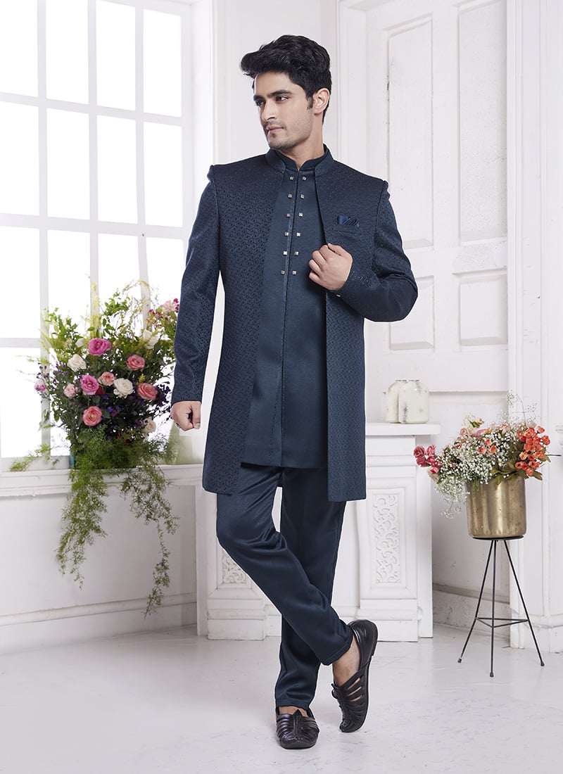Dark Teal Blue Jacquard Silk Indowestern Jacket Sherwani Set