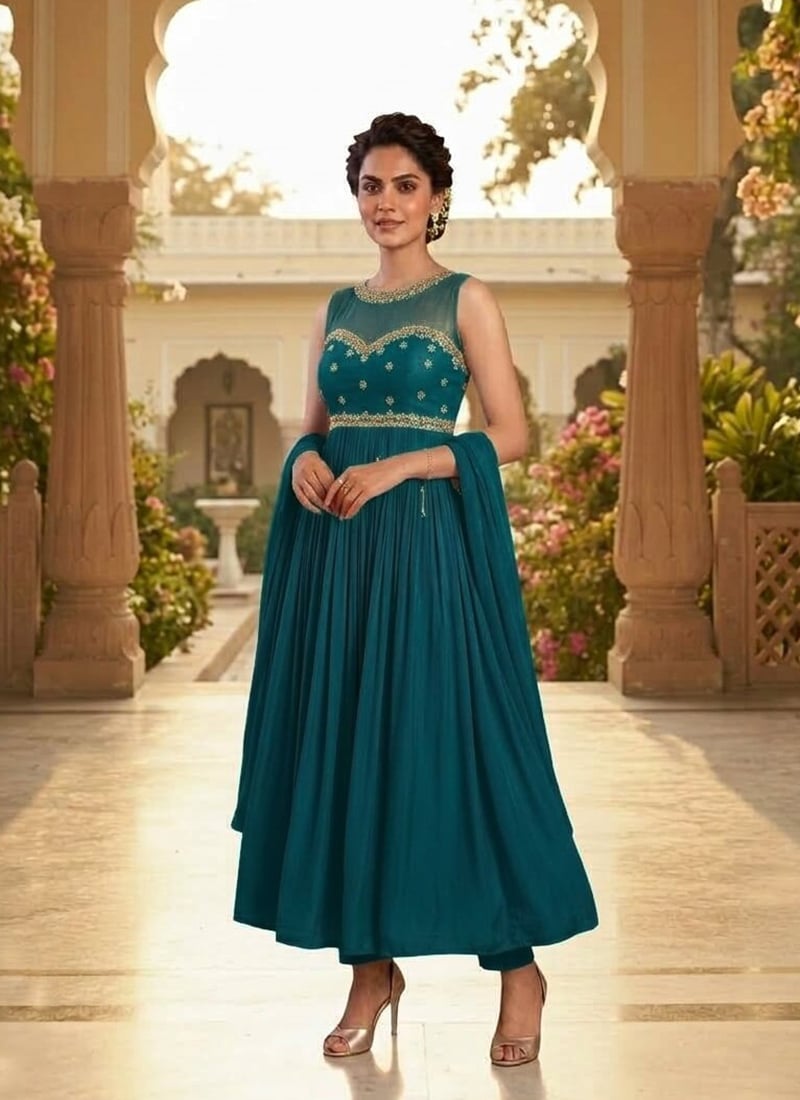 Dark Teal Blue Mul Chanderi Zari Sequins Illusion Neck Anarkali Suit Festive Wear