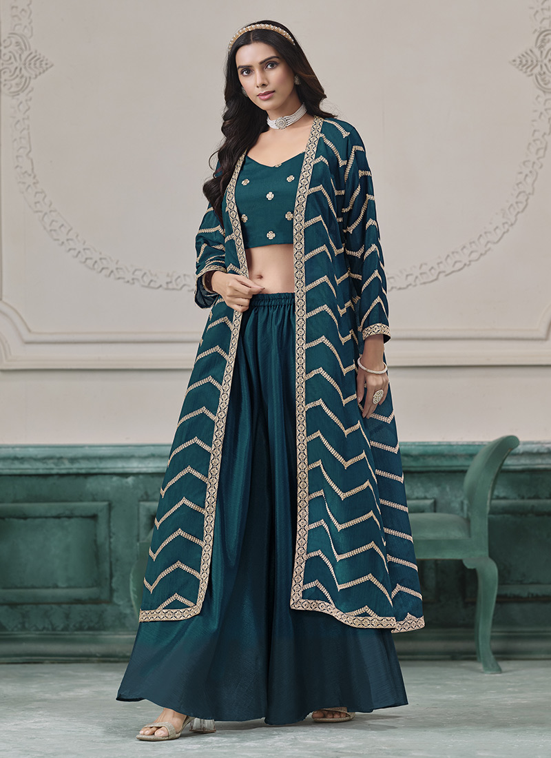 Dark Teal Chinon Embroidered Indowestern Sets and Suits Festive Wear