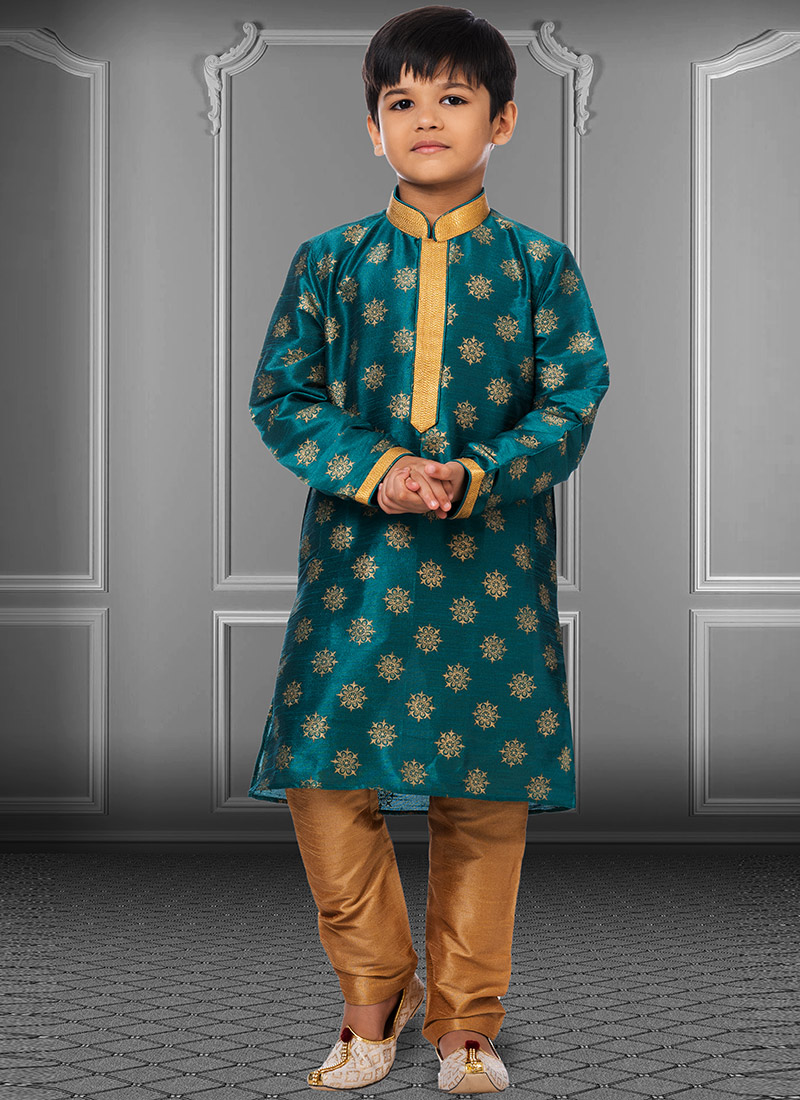 Dark Teal Dhupion Silk Foil Printed Boys Kurta Pyjama Party Wear