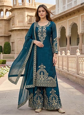 Dark Teal Embroidered Sequins Silk Palazzo Suit