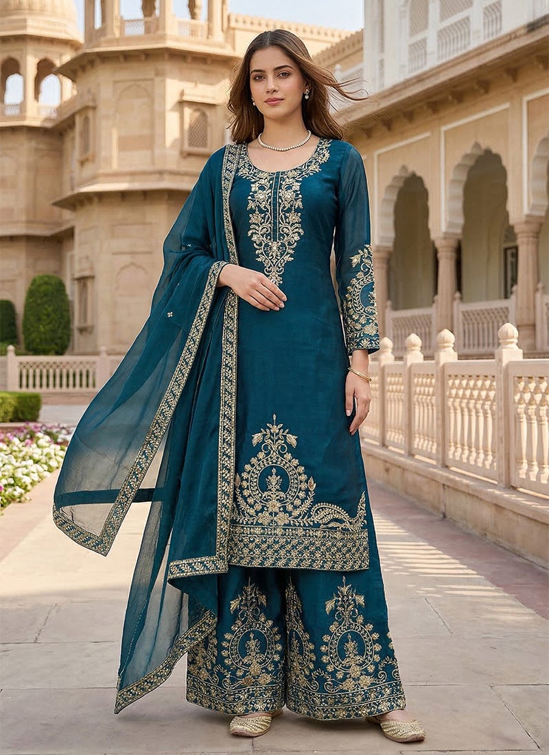 Dark Teal Embroidered Sequins Silk Palazzo Suit Festive Wear