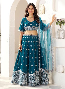 Dark Teal Faux Georgette Embroidered Sequins Lehenga