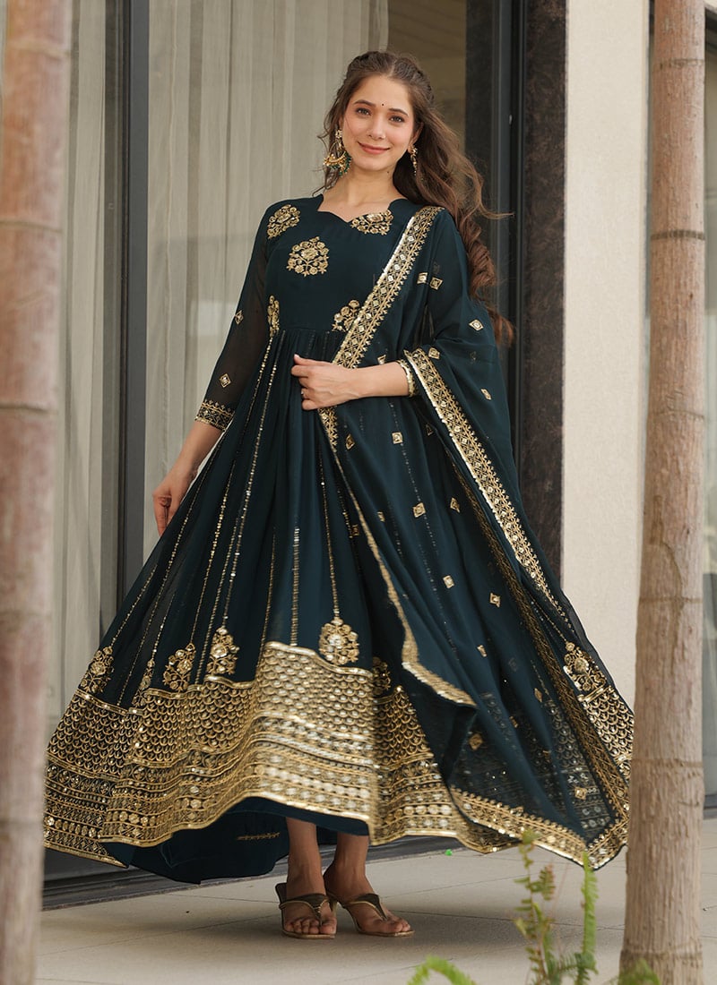 Dark Teal Faux Georgette Zari And Sequins Embroidered Anarkali Suit Festive Wear