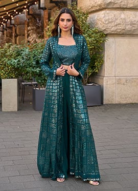 Dark Teal Georgette Embroidered Sequins With Stone Work Indowestern Jacket Palazzo Set