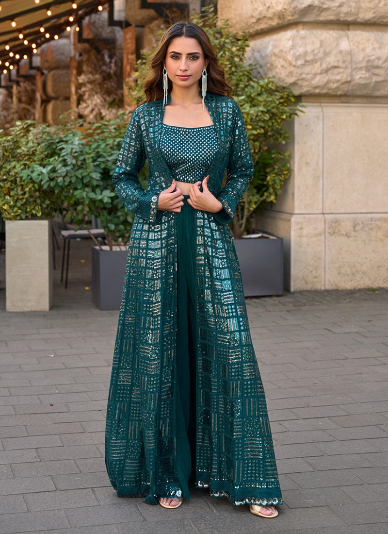 Dark Teal Georgette Embroidered Sequins With Stone Work Indowestern Jacket Palazzo Set Wedding Wear