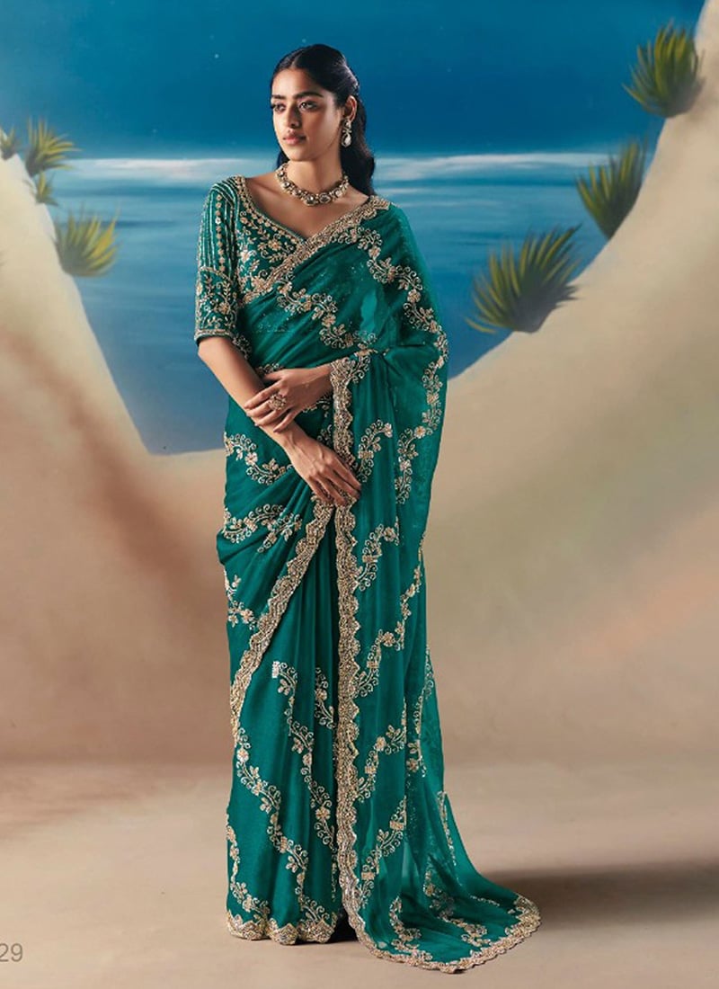 Dark Teal Green Fancy Silk Zari Embroidered Sequins With Beads Work Saree Wedding Wear
