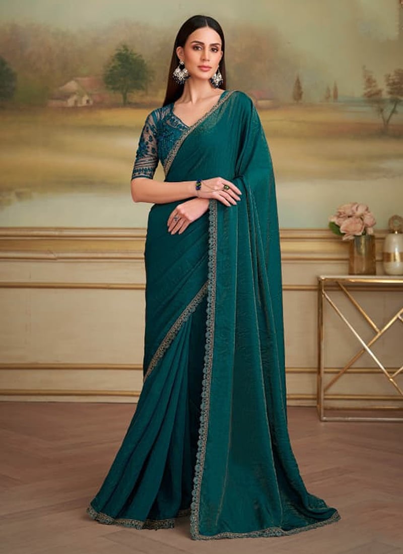 Dark Teal Green Georgette Embroidered Sequins Saree Festive Wear