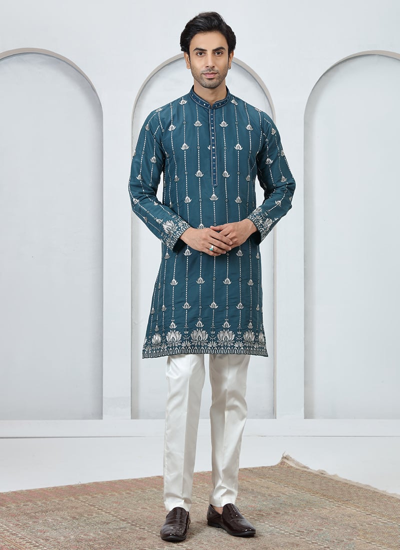 Dark Teal Green Silk Embroidered Thread Work Kurta Pyjama Festive Wear