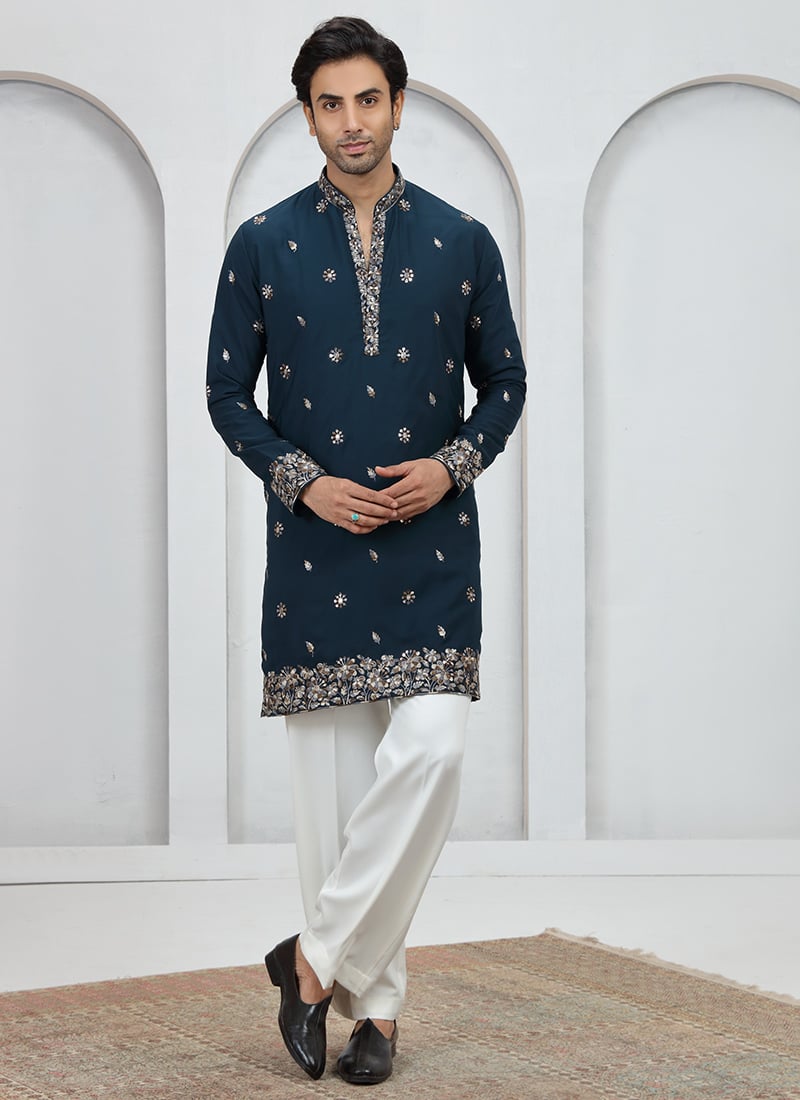 Dark Teal Green Silk Sequins Embroidered Kurta Pyjama Festive Wear