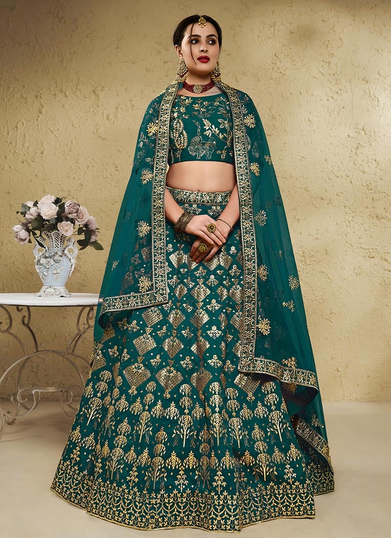 Dark Teal Green Silk Zari Sequins Embroidered Lehenga Wedding Wear