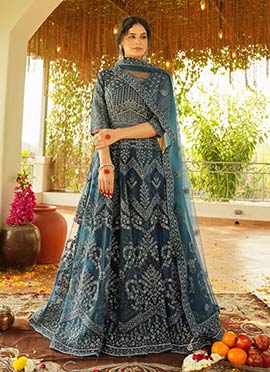 Dark Teal Net Zari Embroidered Stone Work Gorgeous Anarkali Suit