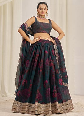 Dark Teal Organza Floral Digital Print Embroidered Sequins Regal Lehenga