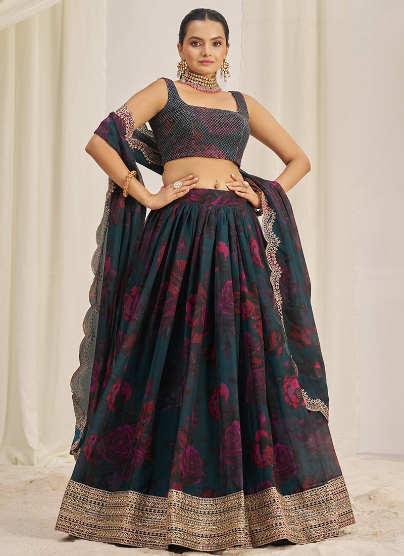 Dark Teal Organza Floral Digital Print Embroidered Sequins Regal Lehenga Wedding Wear