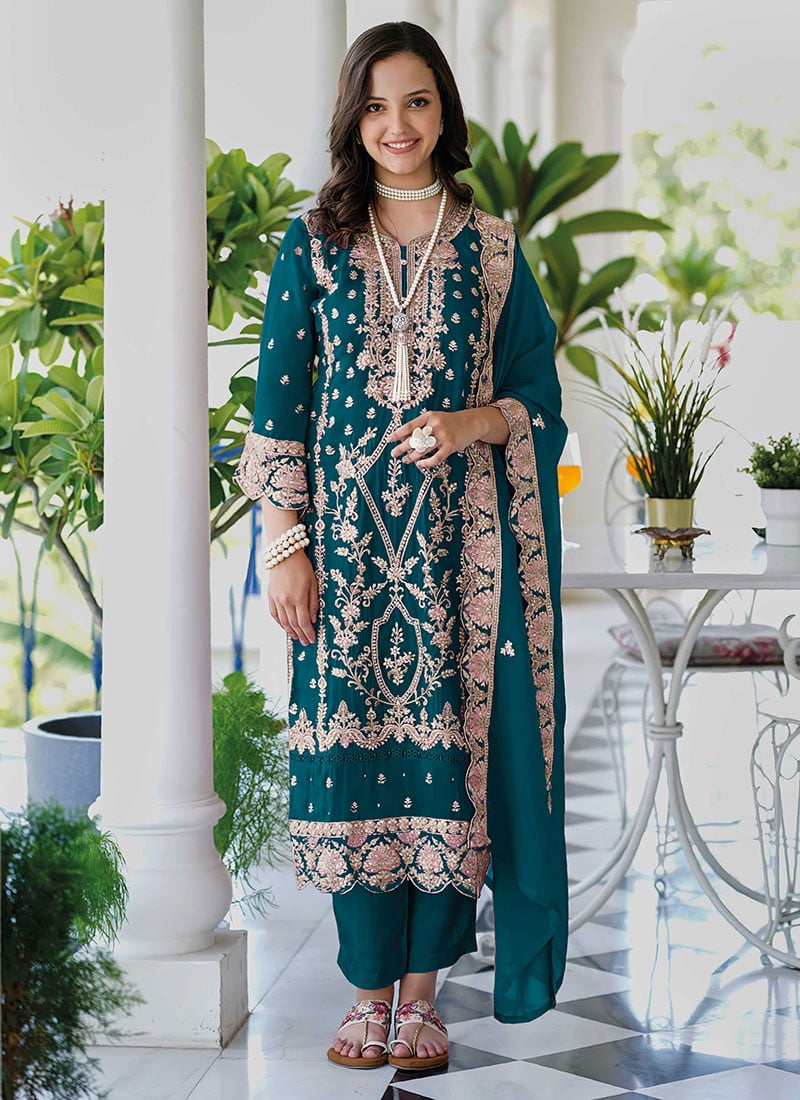 Dark Teal Organza Straight Pant Suit With Elegant Embroidery And Stone Sequin Work