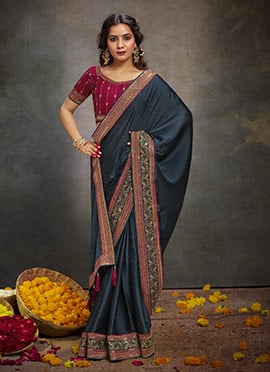 Dark Teal Satin Embroidered Stones And Zari Saree