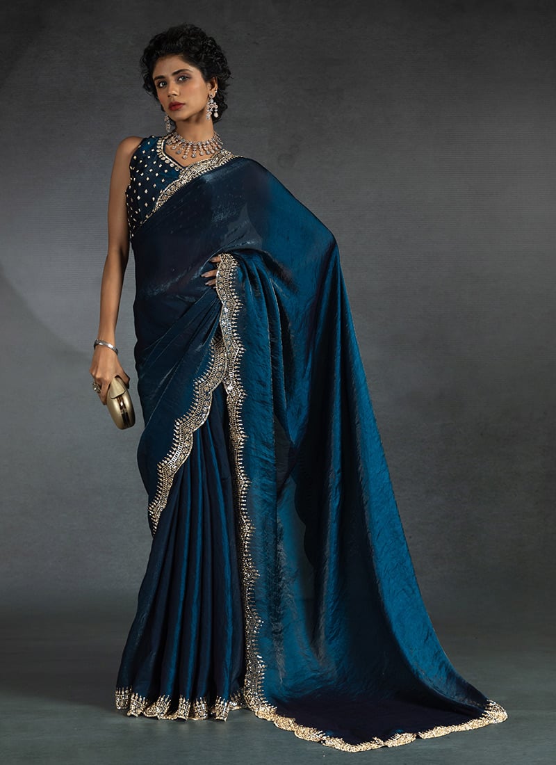 Dark Teal Satin Silk Stones Work Saree Festive Wear