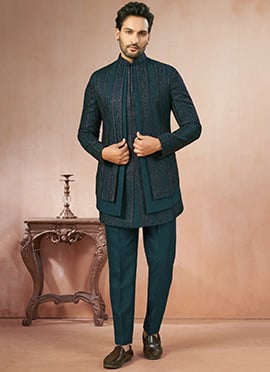 Dark Teal Silk Embroidered Sequin Pattern Indo Western Sherwani