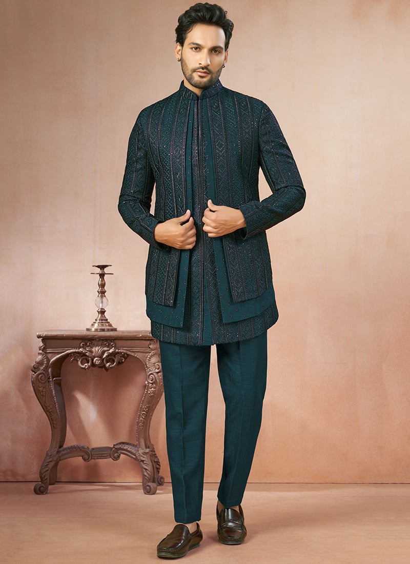 Dark Teal Silk Embroidered Sequin Pattern Indo Western Sherwani Wedding Wear
