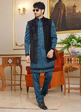 Dark Teal Silk Embroidered Sequins Indowestern Sherwani
