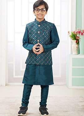 Dark Teal Silk Embroidered Sequins Kids Boys Bandi Set