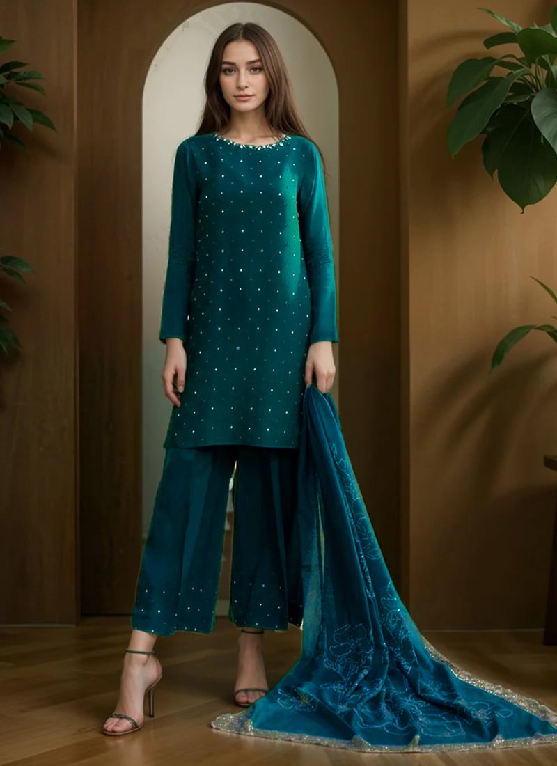 Dark Teal Silk Hand Embroidered Stone And Mirror Work Palazzo Suit Festive Wear