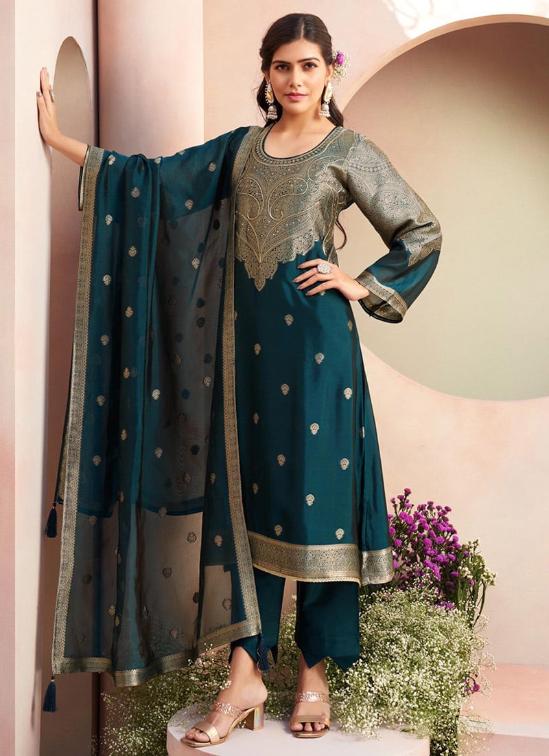 Dark Teal Silk Jacquard Straight Pant Suit