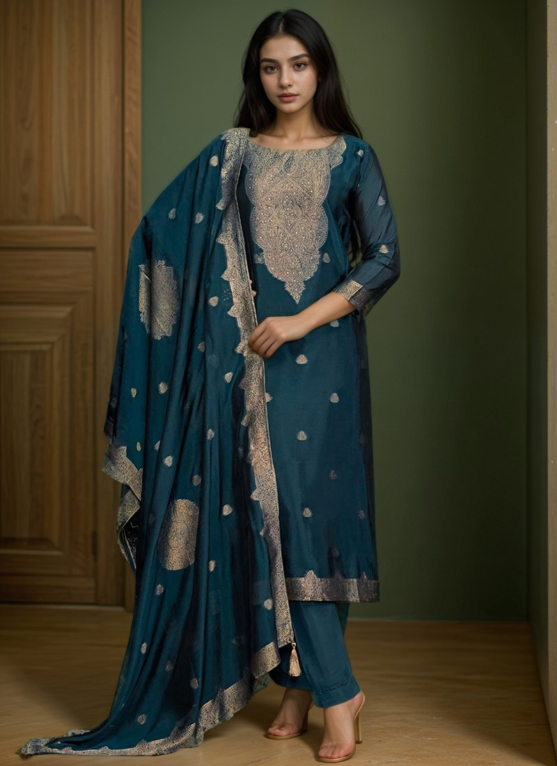 Dark Teal Silk Jacquard Woven Straight Pant Suit Festive Wear