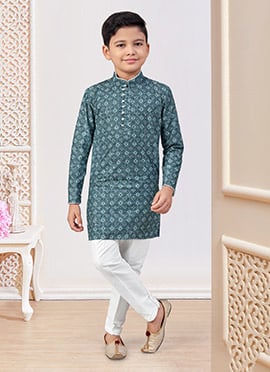 Dark Teal Soft Rayon Printed And Embroidered Boys Kurta Pyjama