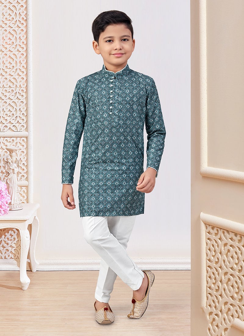 Dark Teal Soft Rayon Printed And Embroidered Boys Kurta Pyjama Festive Wear