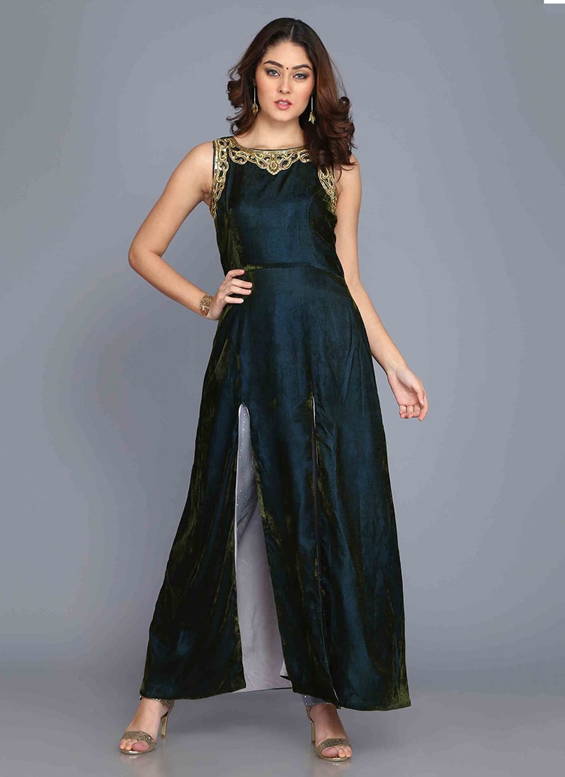 Dark Teal Velvet Embroidered Kurta Straight Pant Set
