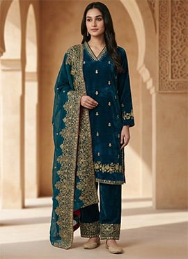 Dark Teal Velvet Zari Embroidered Sequins Straight Pant Suit